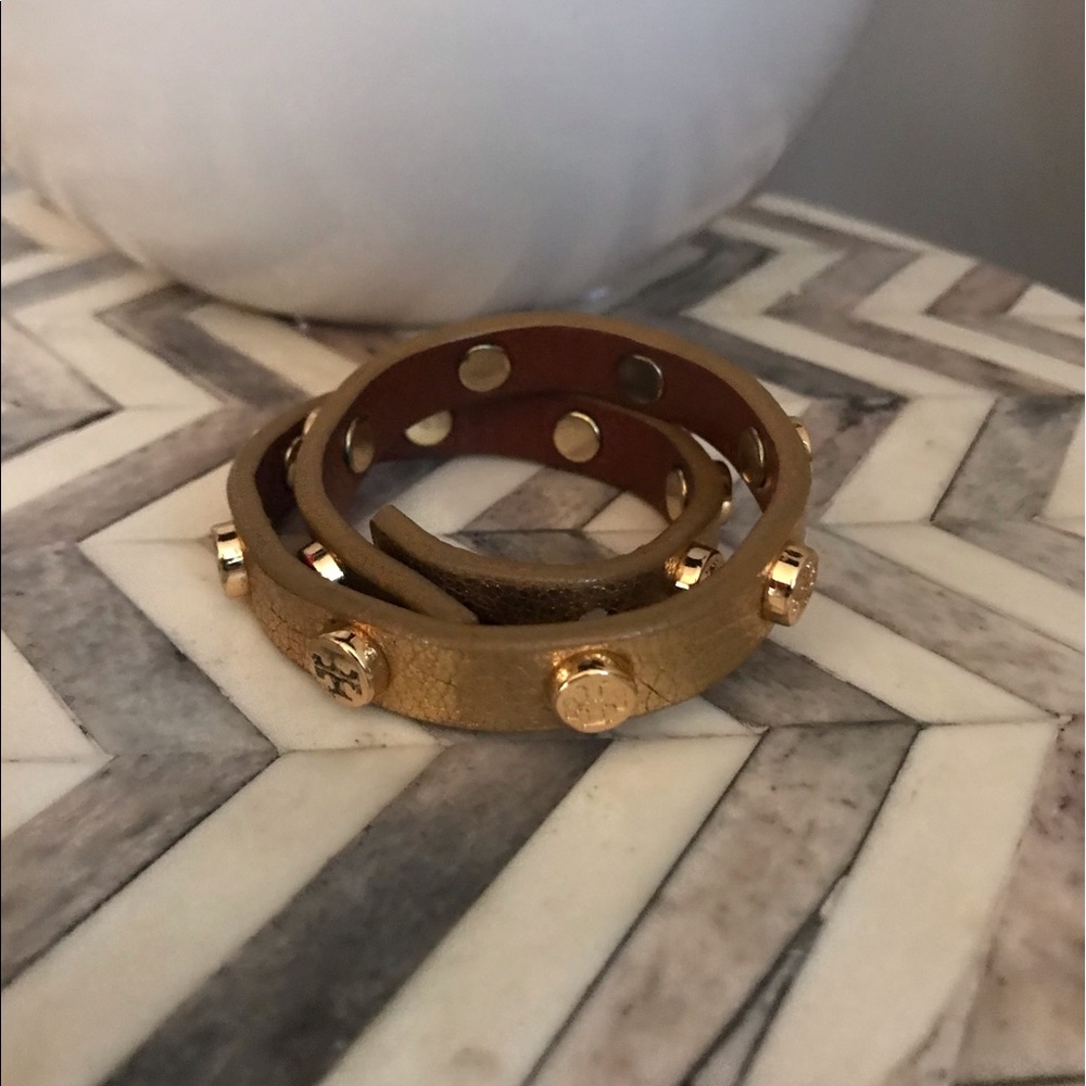 Tory Burch Leather Logo-Stud Double Wrap Bracelet